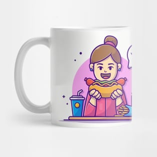 Happy Woman Holding and Eating Hotdog with French Fries, Soda, and Mustard Cartoon Vector Icon Illustration Mug